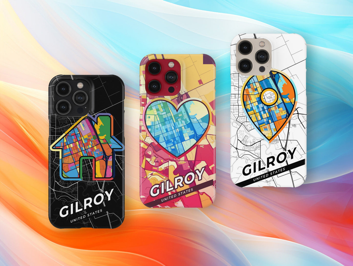 Gilroy California slim phone case with colorful icon. Birthday, wedding or housewarming gift. Couple match cases.