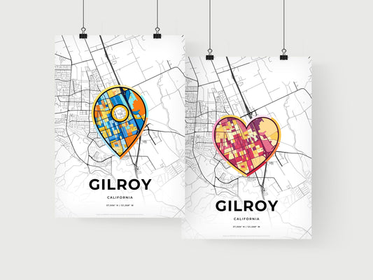 GILROY CALIFORNIA minimal art map with a colorful icon. Where it all began, Couple map gift.