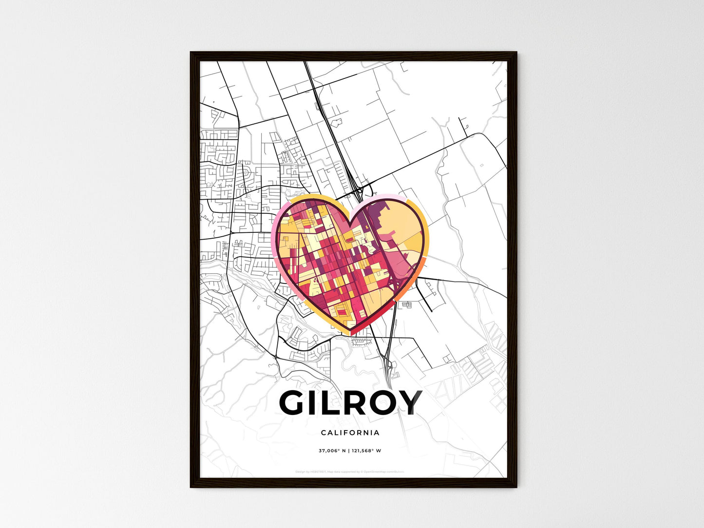 Gilroy California wedding art map with heart icon
