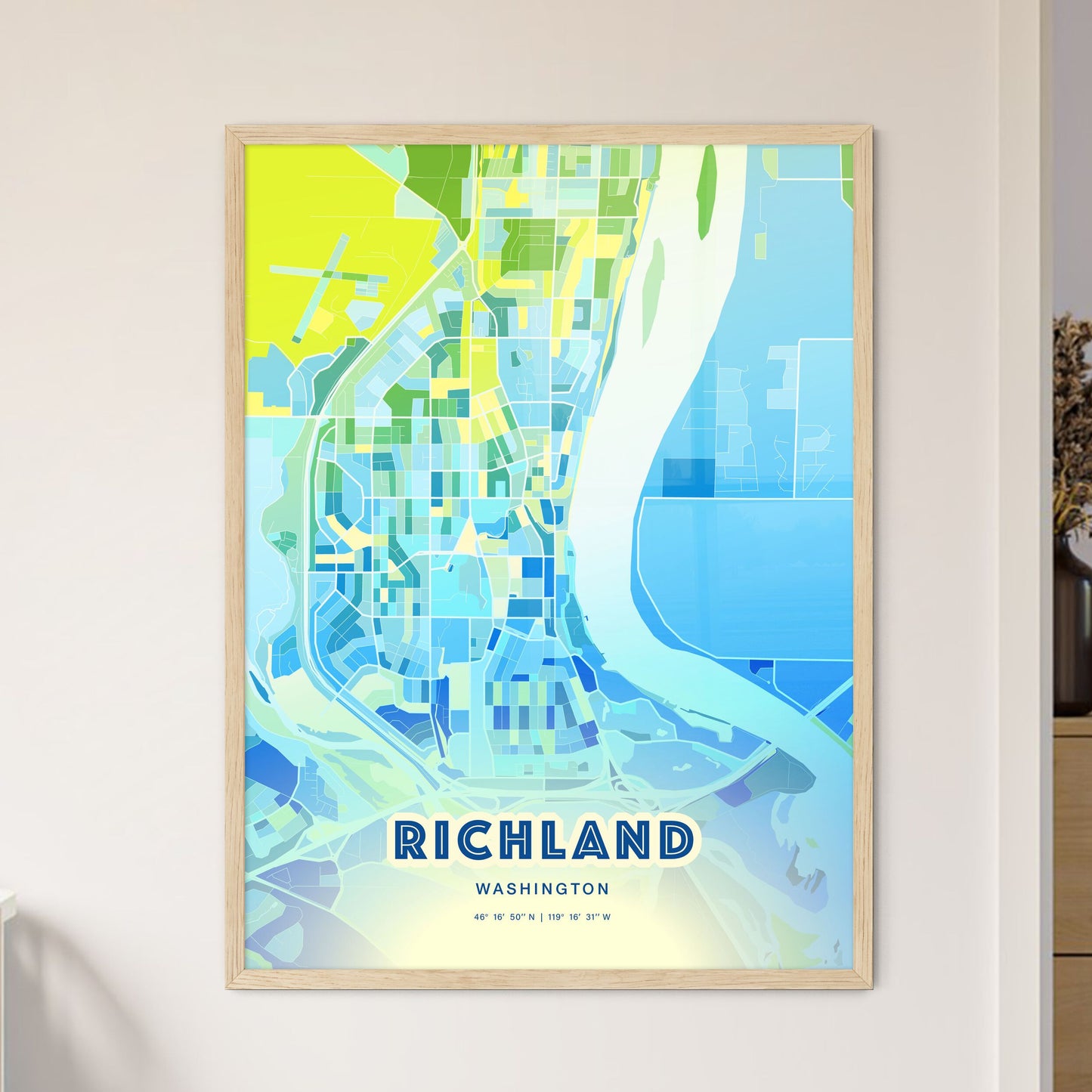 Colorful RICHLAND WASHINGTON Fine Art Map Cool Blue