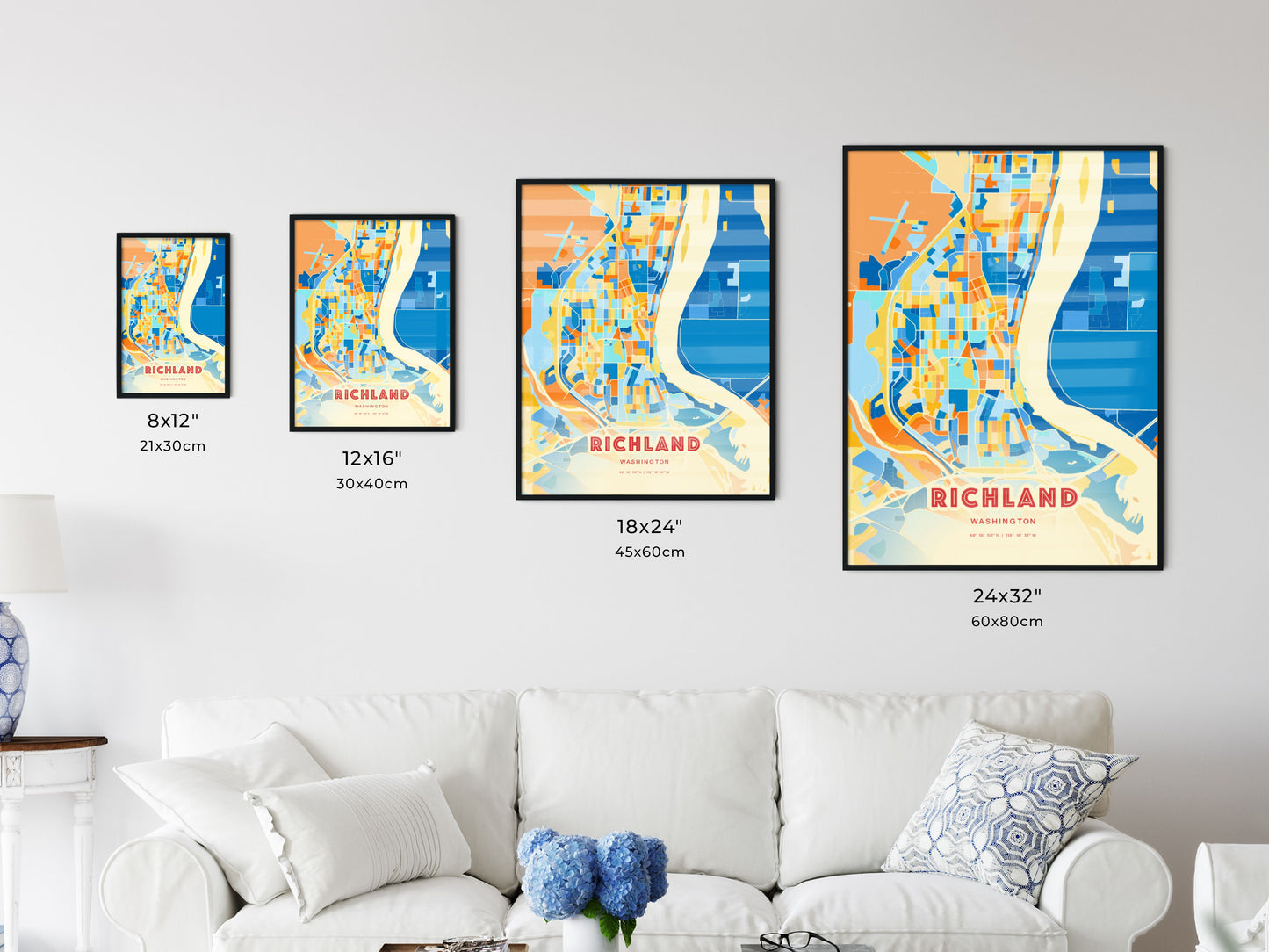 Colorful RICHLAND WASHINGTON Fine Art Map Blue Orange