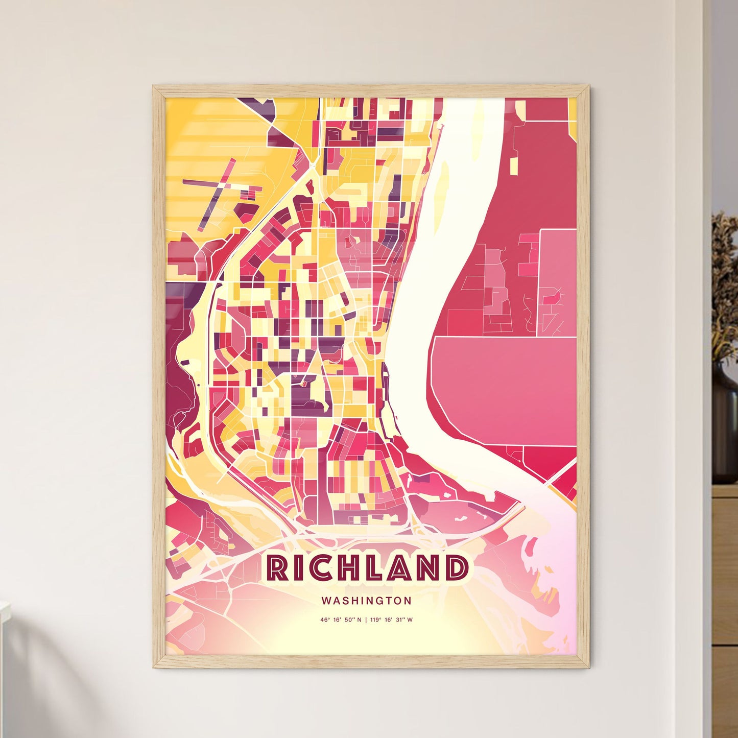 Colorful RICHLAND WASHINGTON Fine Art Map Hot Red