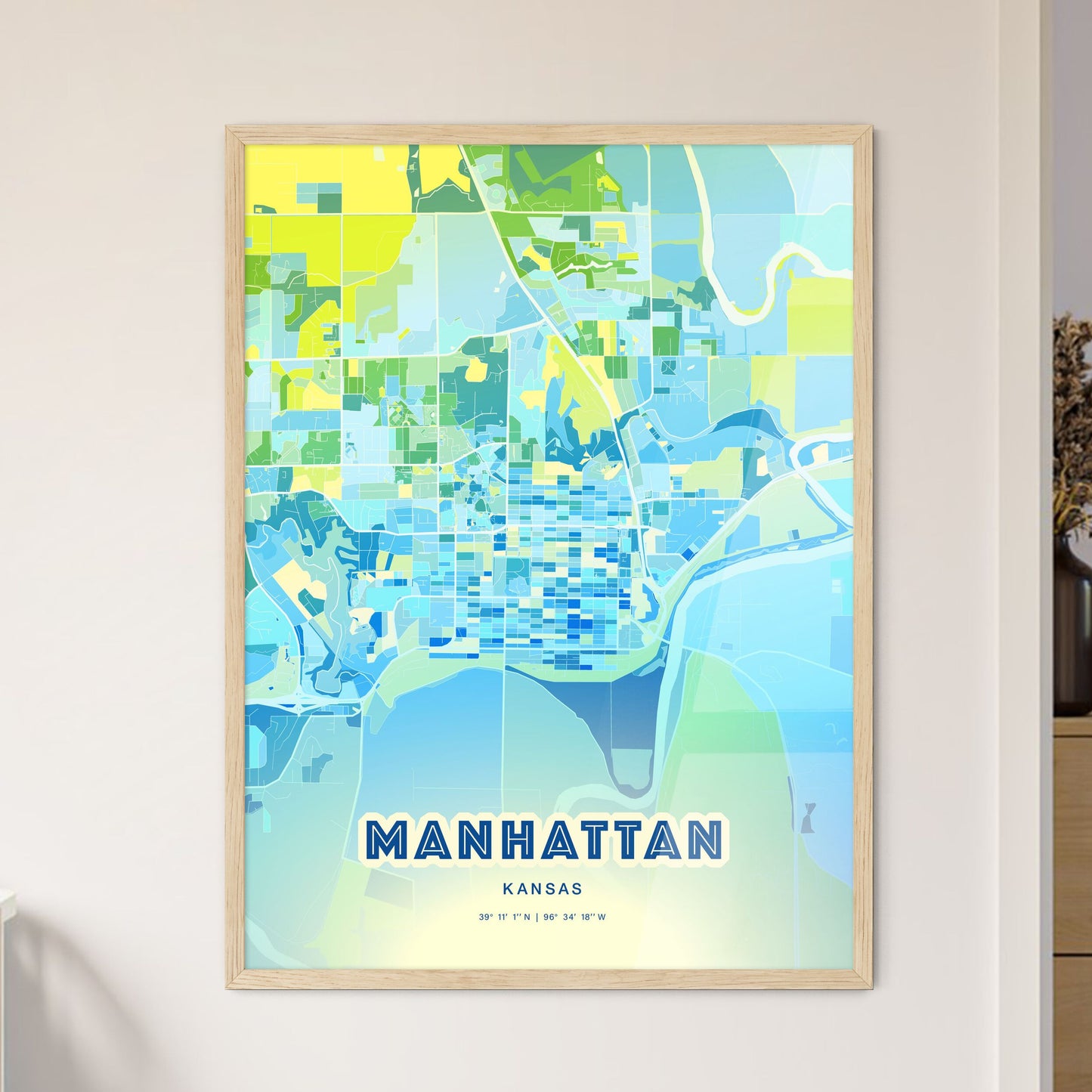 Colorful MANHATTAN KANSAS Fine Art Map Cool Blue