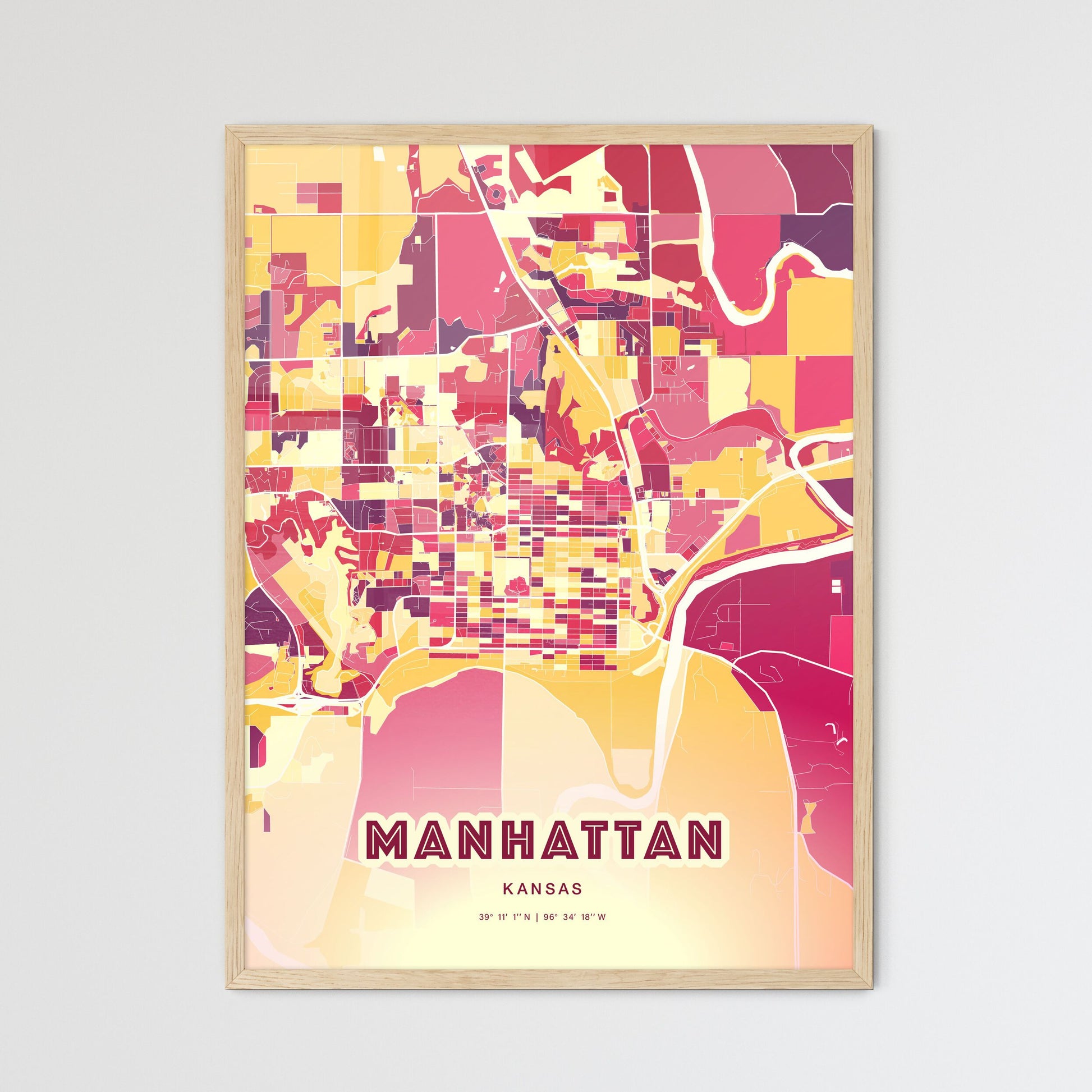 Colorful MANHATTAN KANSAS Fine Art Map Hot Red