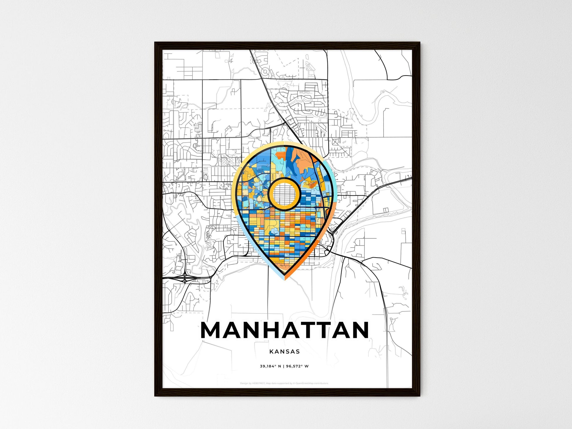 Manhattan Kansas wedding art map with pointer icon