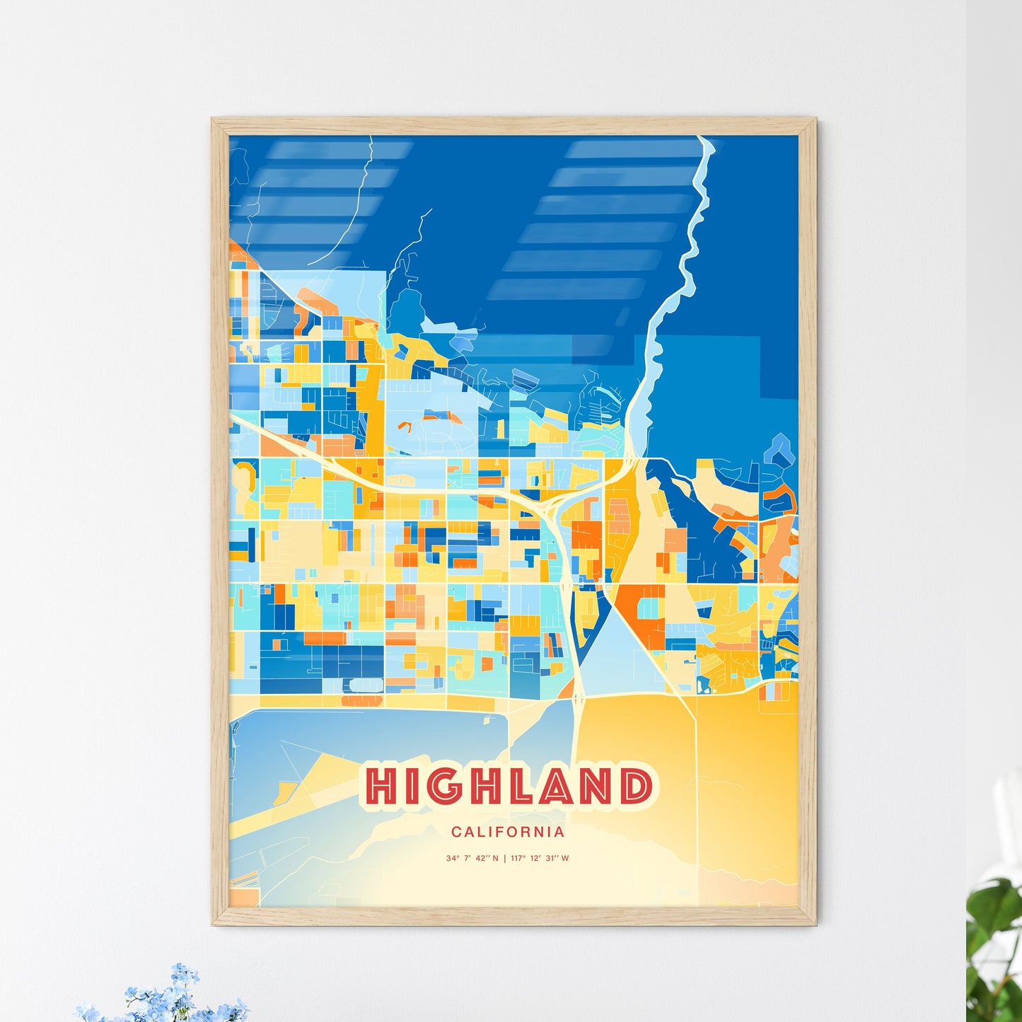 Colorful HIGHLAND CALIFORNIA Fine Art Map Blue Orange