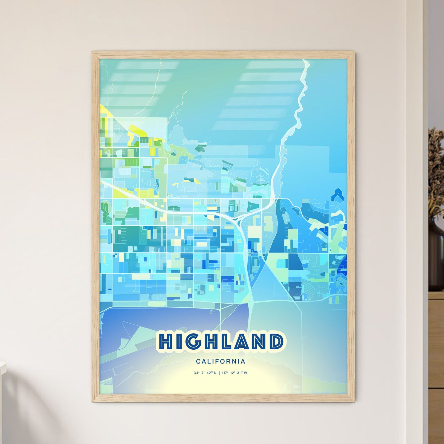 Colorful HIGHLAND CALIFORNIA Fine Art Map Cool Blue