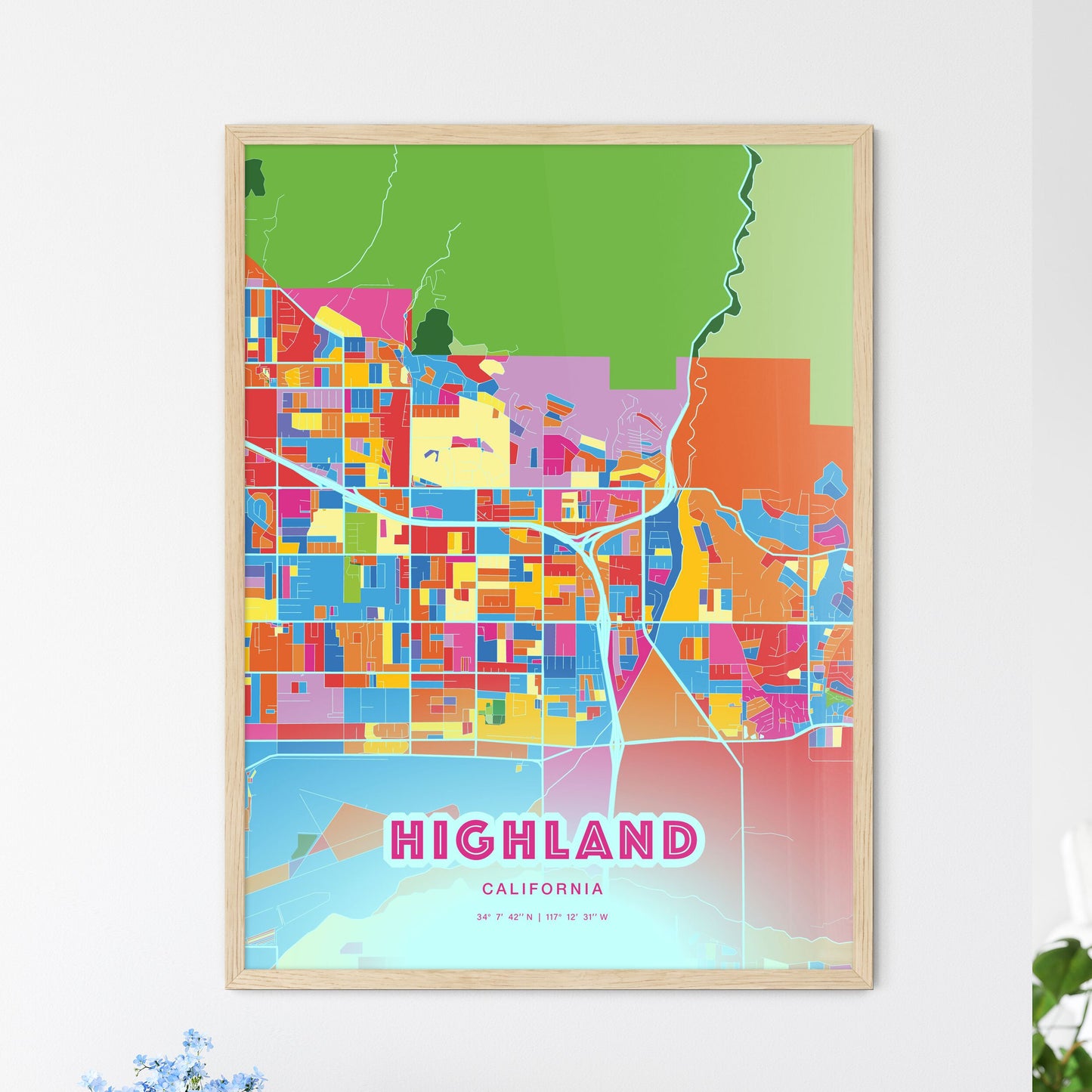 Colorful HIGHLAND CALIFORNIA Fine Art Map Crazy Colors