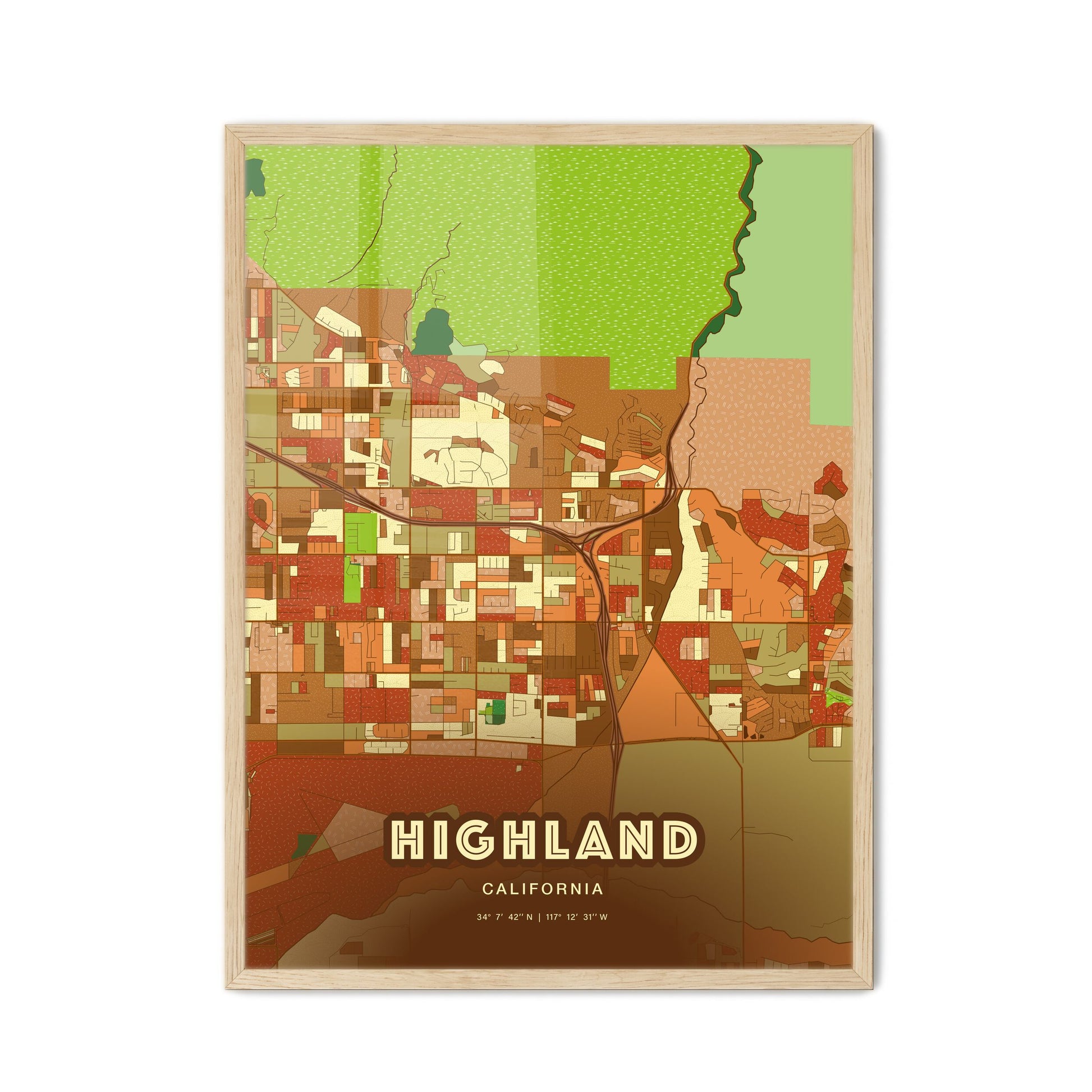 Colorful HIGHLAND CALIFORNIA Fine Art Map Farmhouse