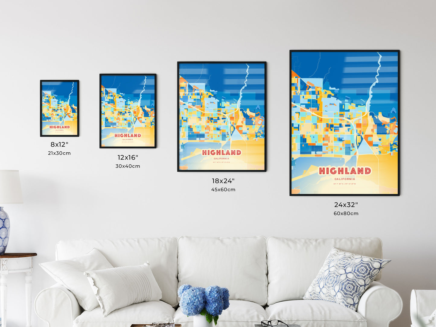 Colorful HIGHLAND CALIFORNIA Fine Art Map Blue Orange