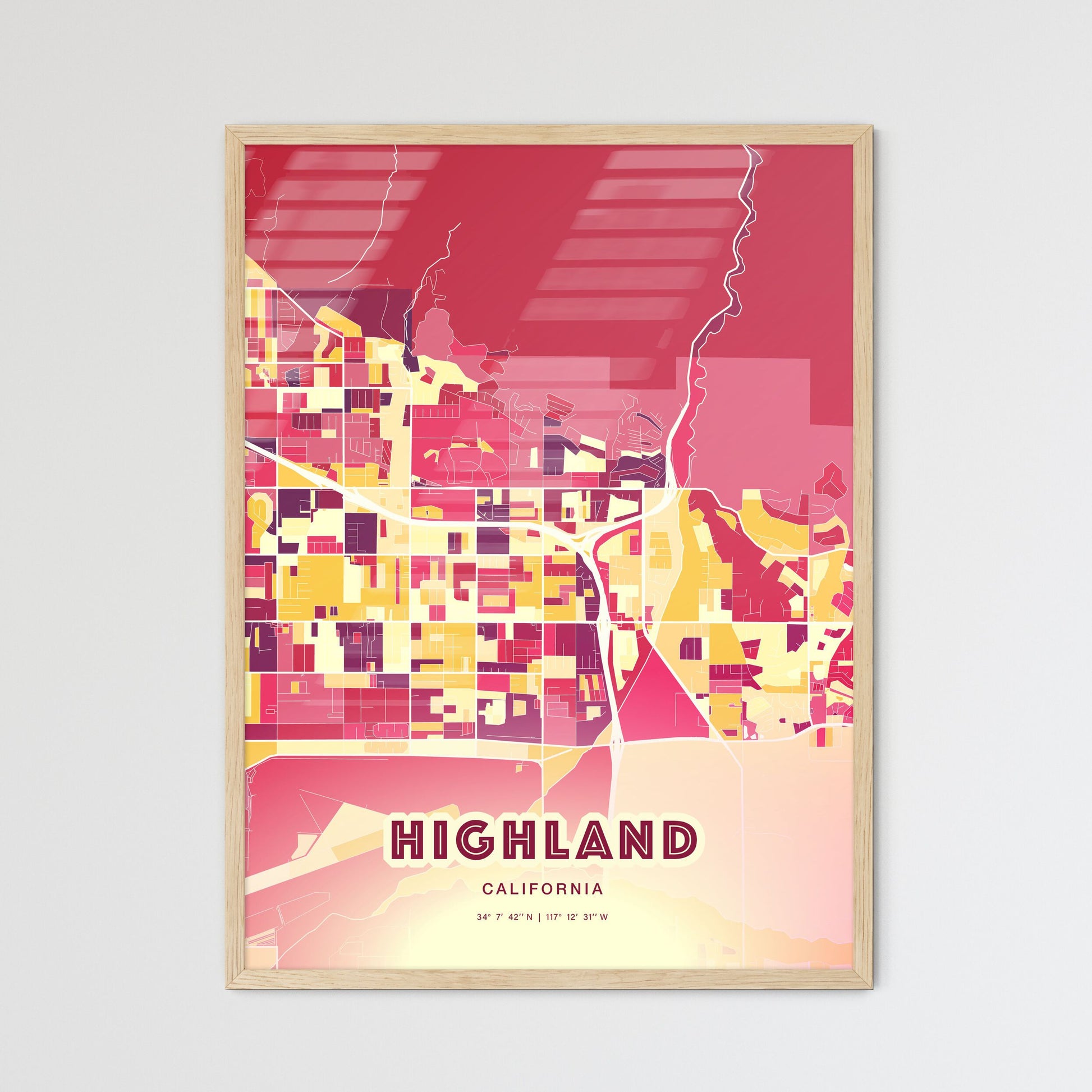 Colorful HIGHLAND CALIFORNIA Fine Art Map Hot Red