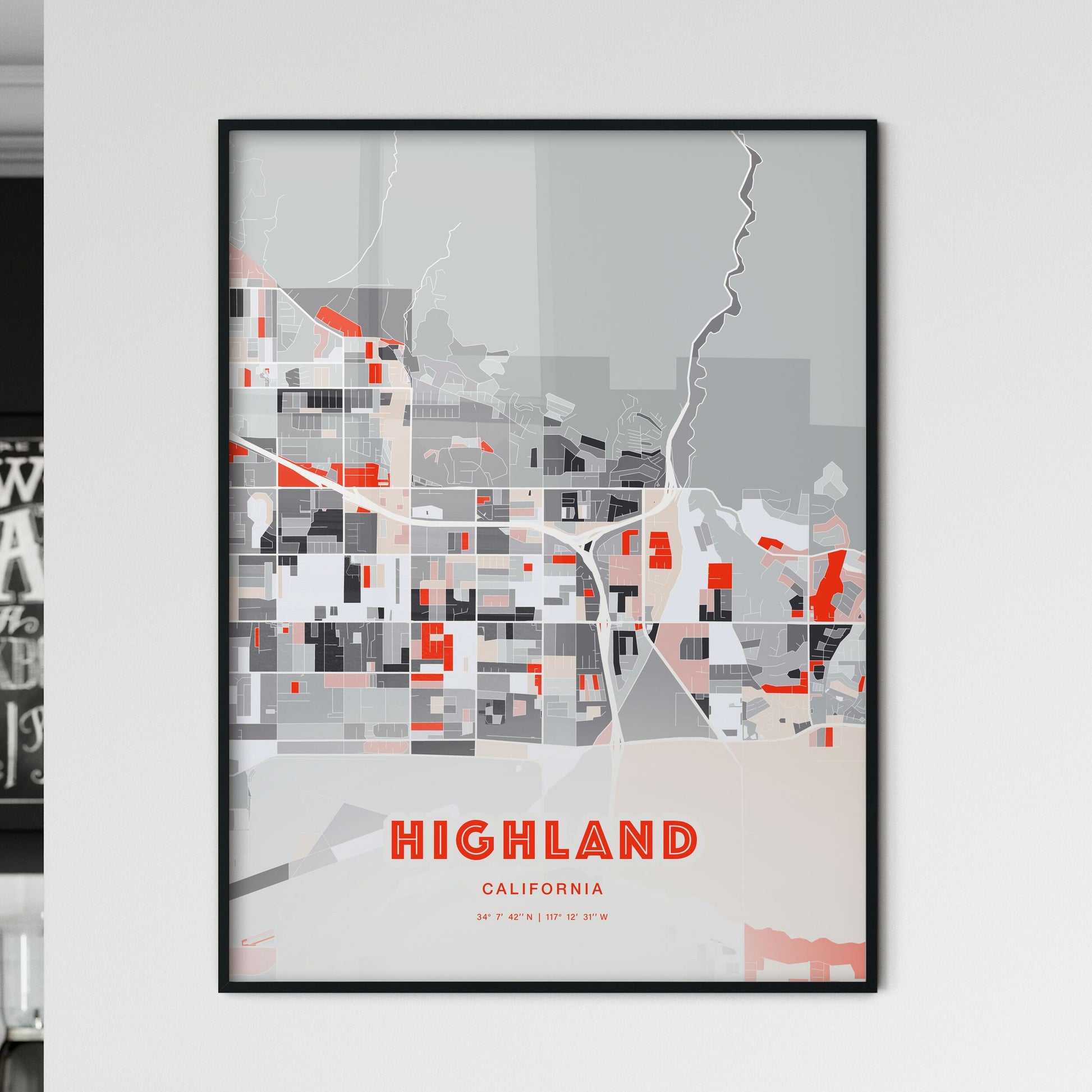 Colorful HIGHLAND CALIFORNIA Fine Art Map Modern