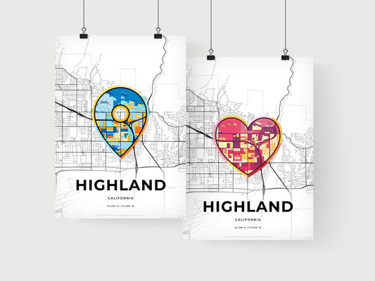 HIGHLAND CALIFORNIA minimal art map with a colorful icon. Where it all began, Couple map gift.
