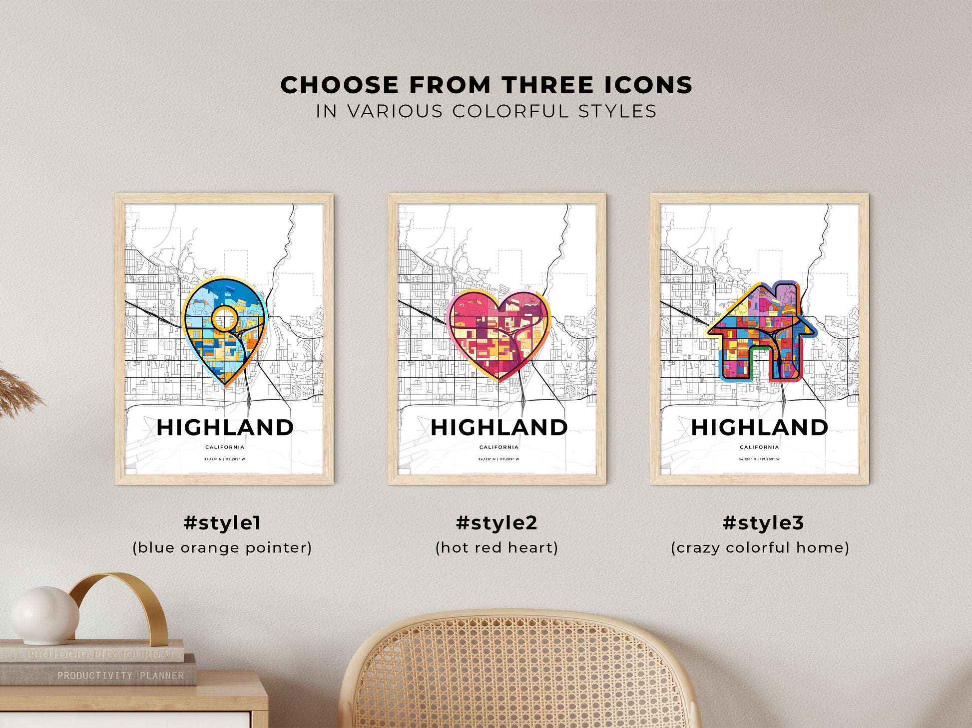 Highland California maps with colorful icons