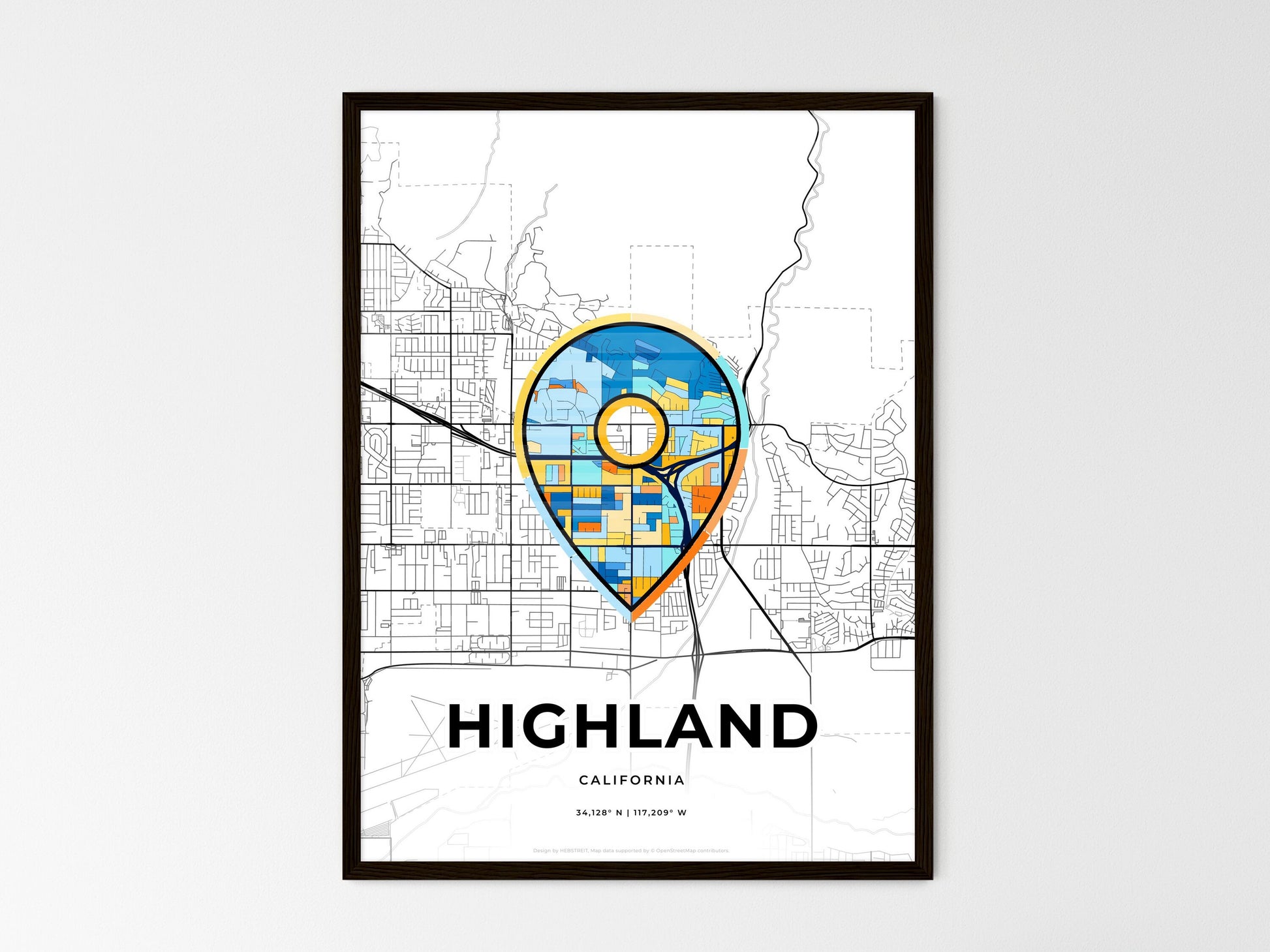 Highland California wedding art map with pointer icon
