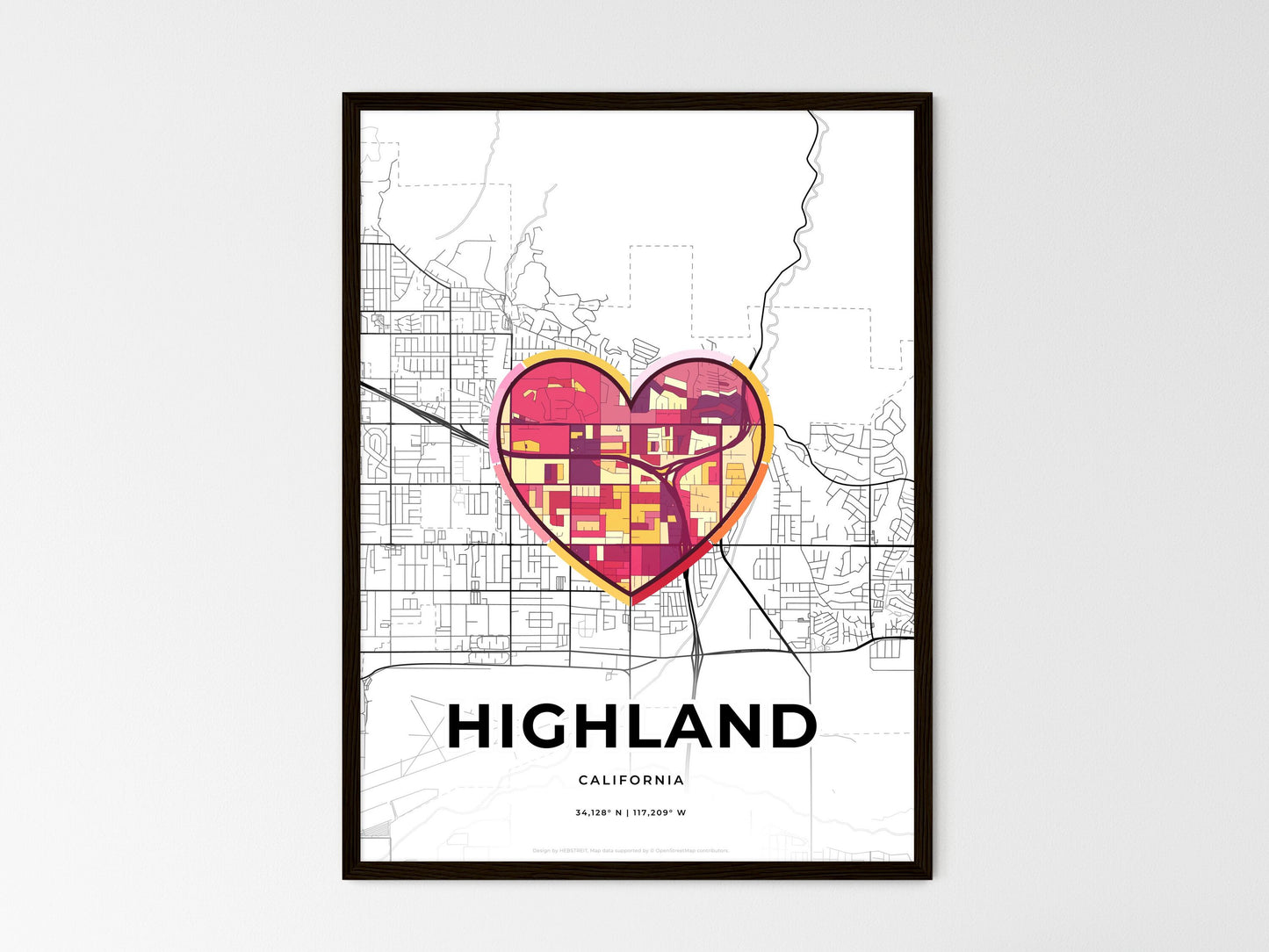 Highland California wedding art map with heart icon