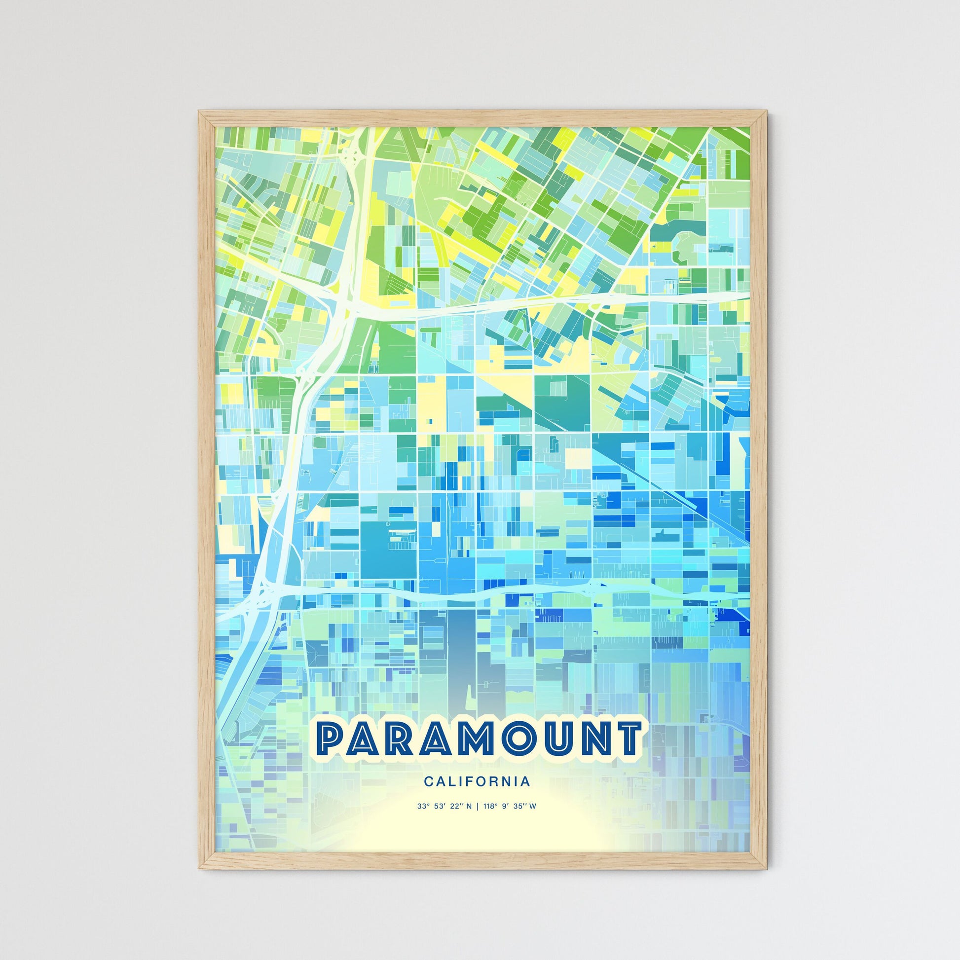 Colorful PARAMOUNT CALIFORNIA Fine Art Map Cool Blue