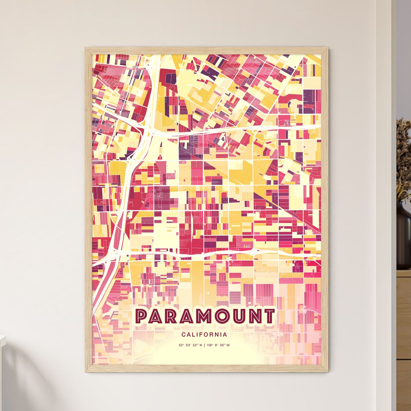 Colorful PARAMOUNT CALIFORNIA Fine Art Map Hot Red