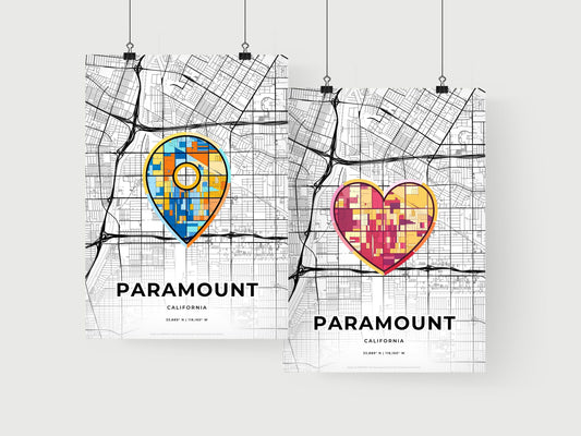 PARAMOUNT CALIFORNIA minimal art map with a colorful icon.