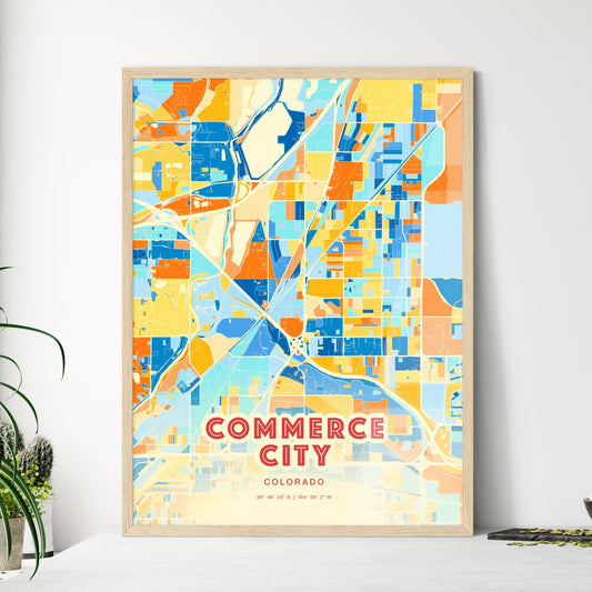 Colorful COMMERCE CITY COLORADO Fine Art Map Blue Orange