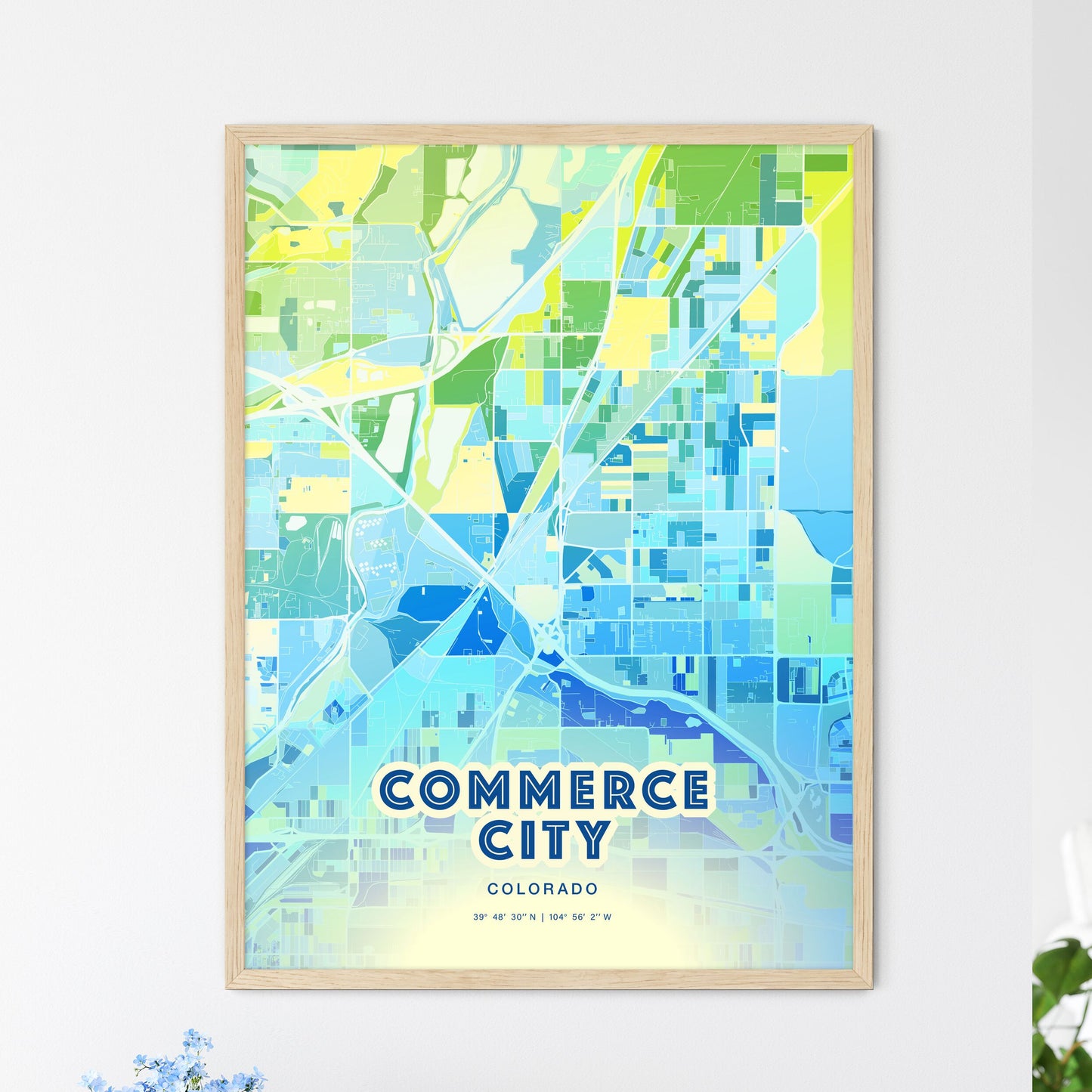 Colorful COMMERCE CITY COLORADO Fine Art Map Cool Blue