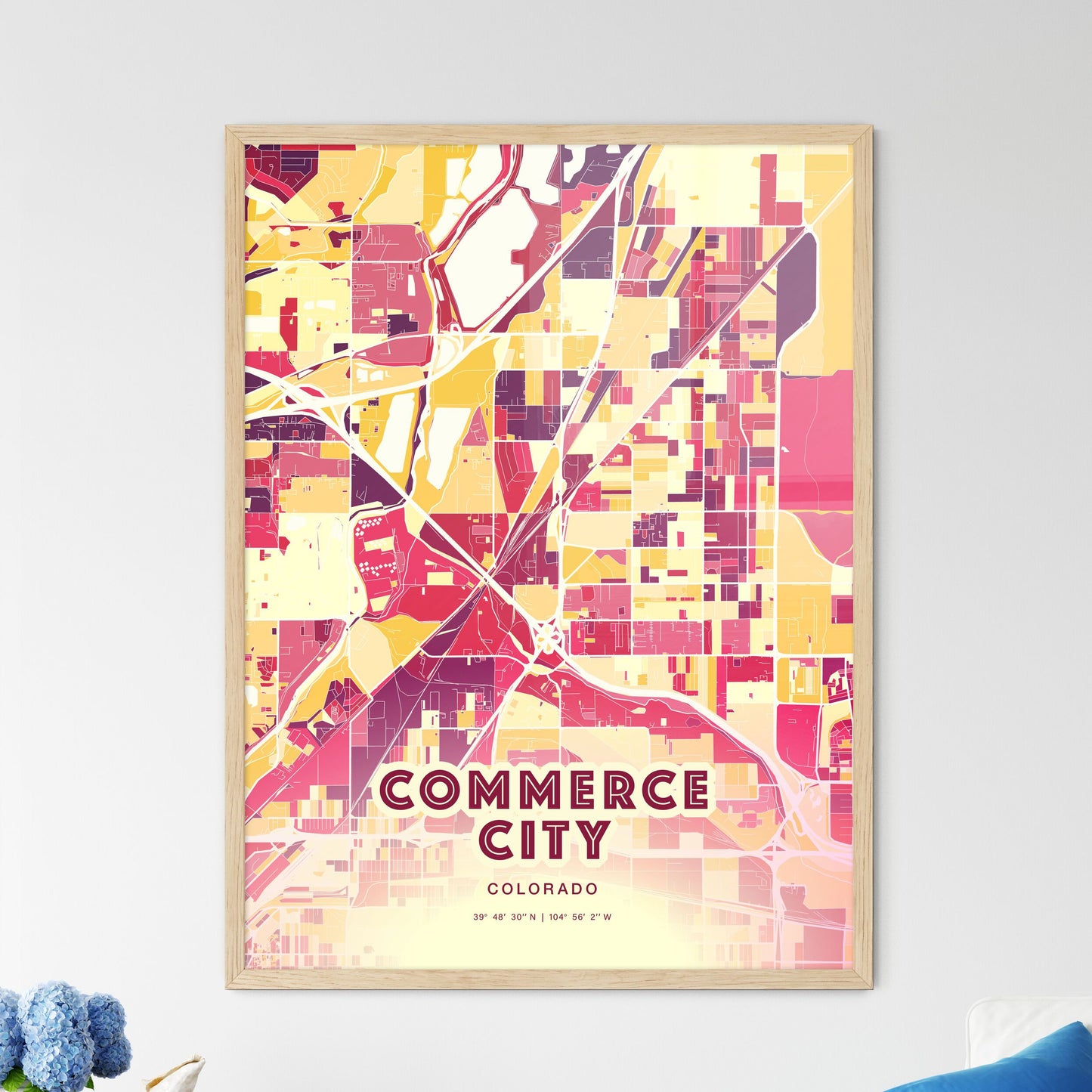 Colorful COMMERCE CITY COLORADO Fine Art Map Hot Red