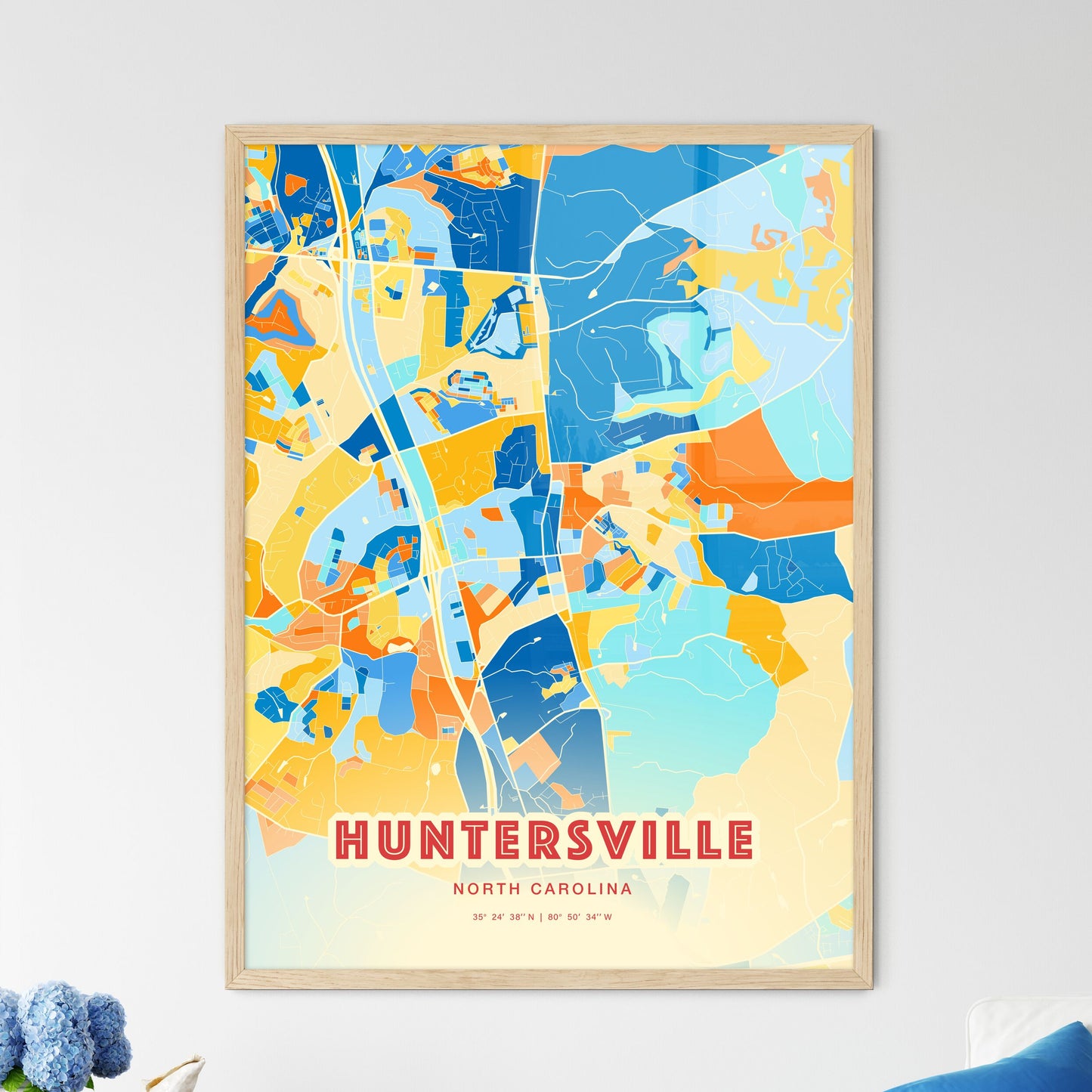 Colorful HUNTERSVILLE NORTH CAROLINA Fine Art Map Blue Orange