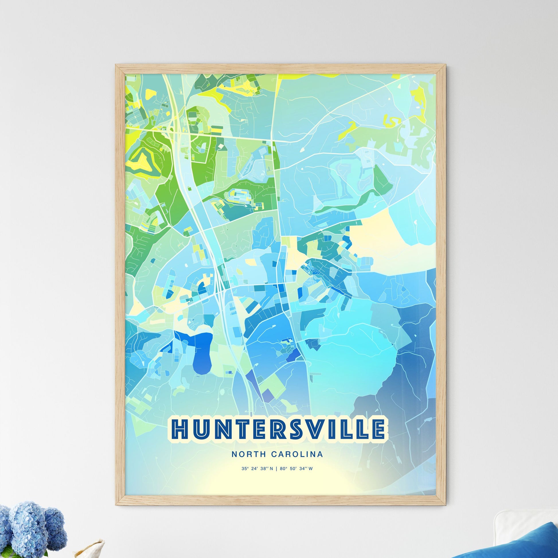 Colorful HUNTERSVILLE NORTH CAROLINA Fine Art Map Cool Blue