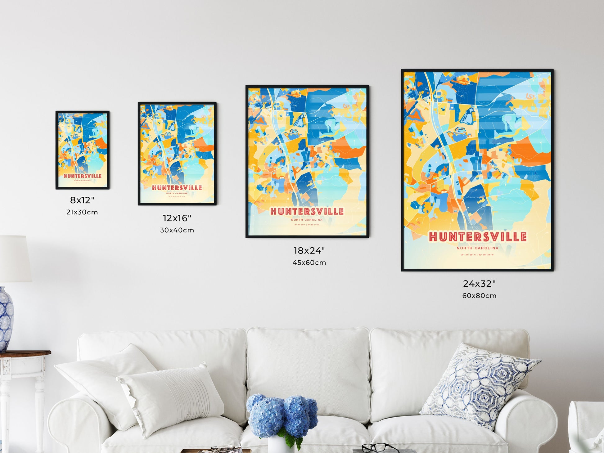 Colorful HUNTERSVILLE NORTH CAROLINA Fine Art Map Blue Orange