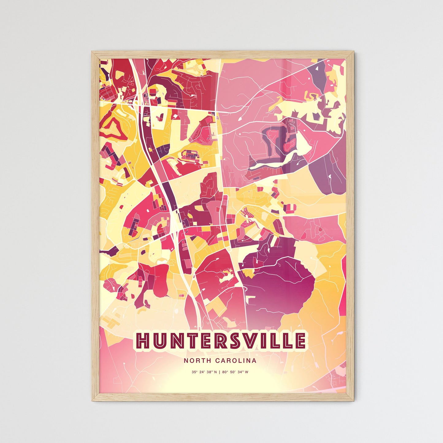 Colorful HUNTERSVILLE NORTH CAROLINA Fine Art Map Hot Red