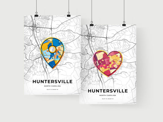 HUNTERSVILLE NORTH CAROLINA minimal art map with a colorful icon. Where it all began, Couple map gift.