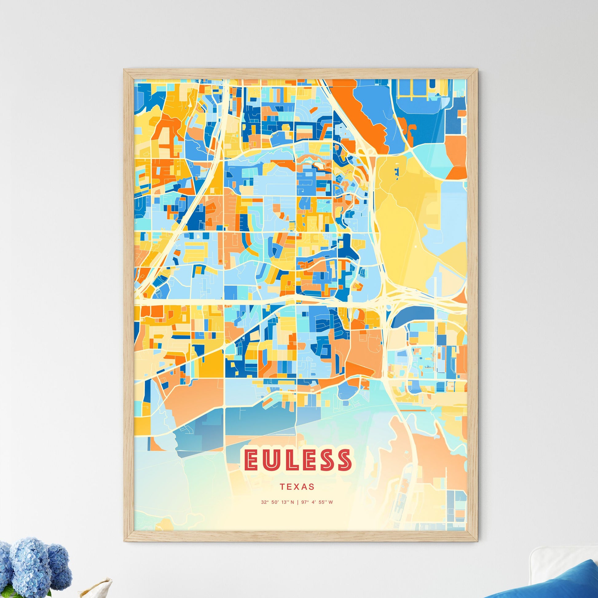 Colorful EULESS TEXAS Fine Art Map Blue Orange