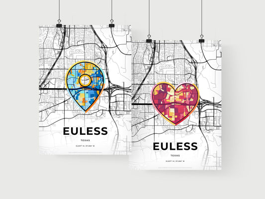 EULESS TEXAS minimal art map with a colorful icon. Where it all began, Couple map gift.