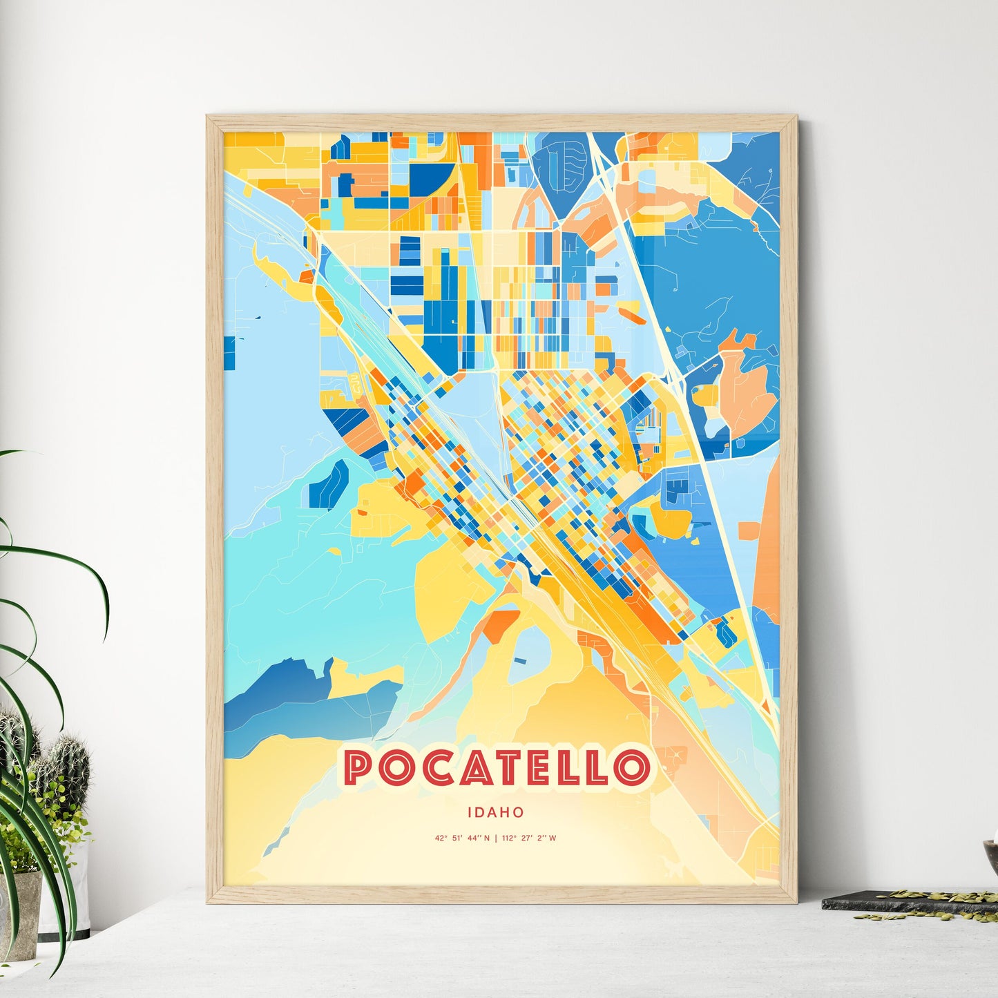 Colorful POCATELLO IDAHO Fine Art Map Blue Orange