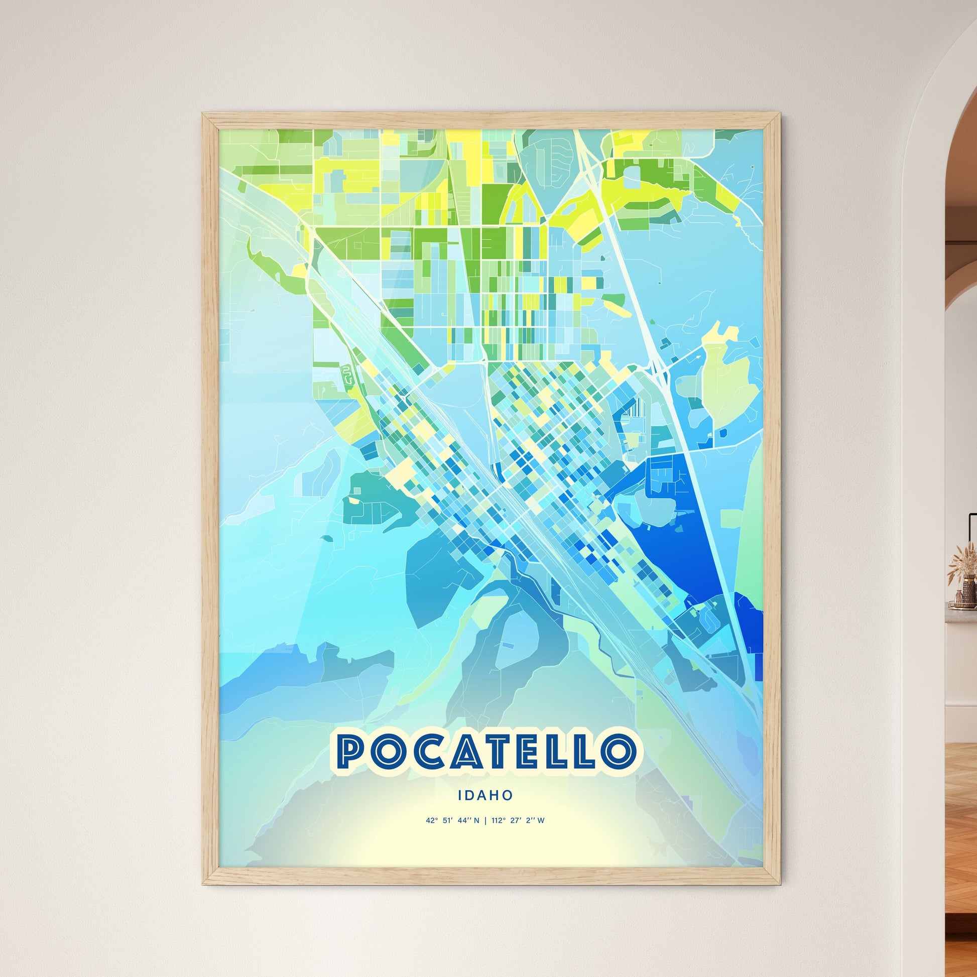 Colorful POCATELLO IDAHO Fine Art Map Cool Blue