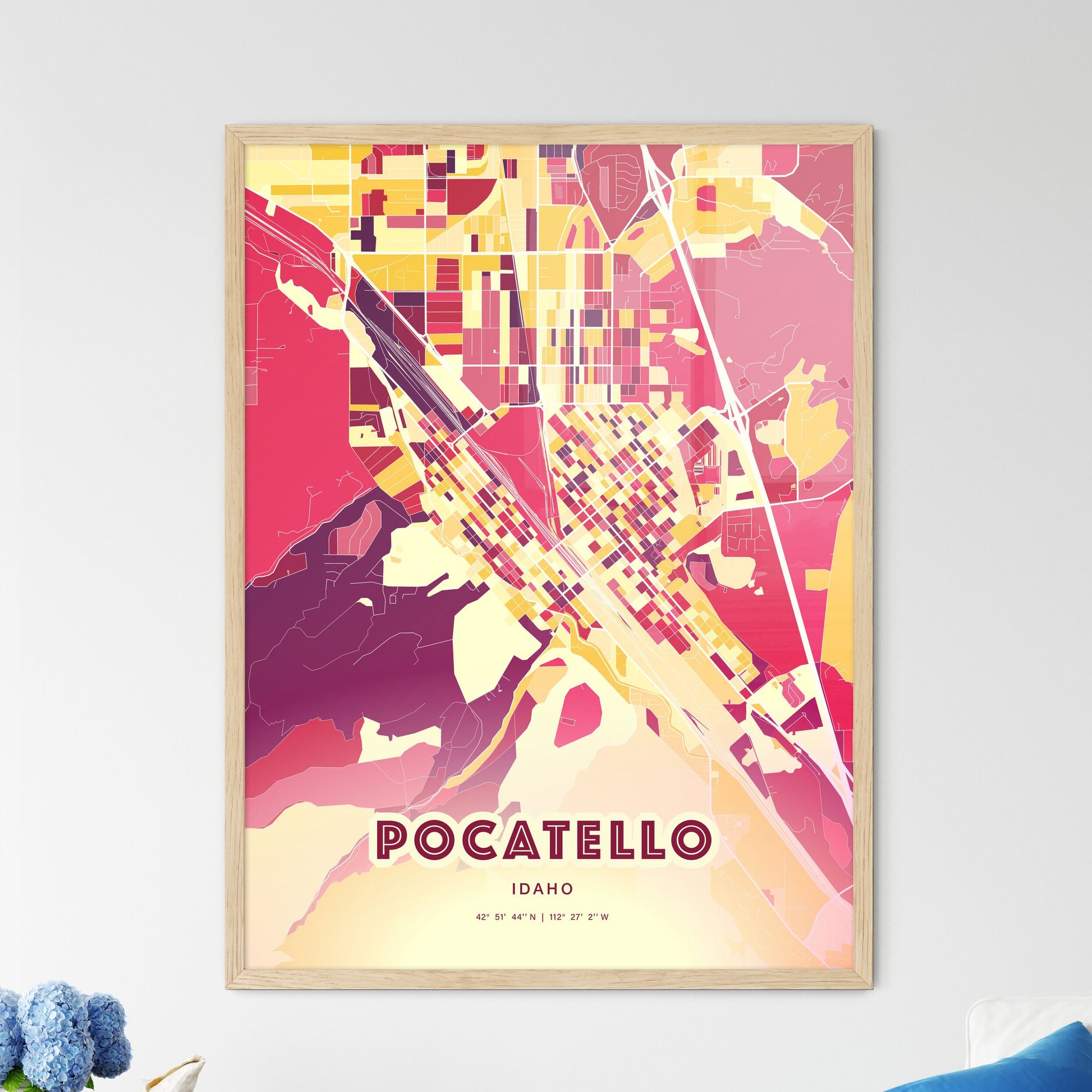 Colorful POCATELLO IDAHO Fine Art Map Hot Red