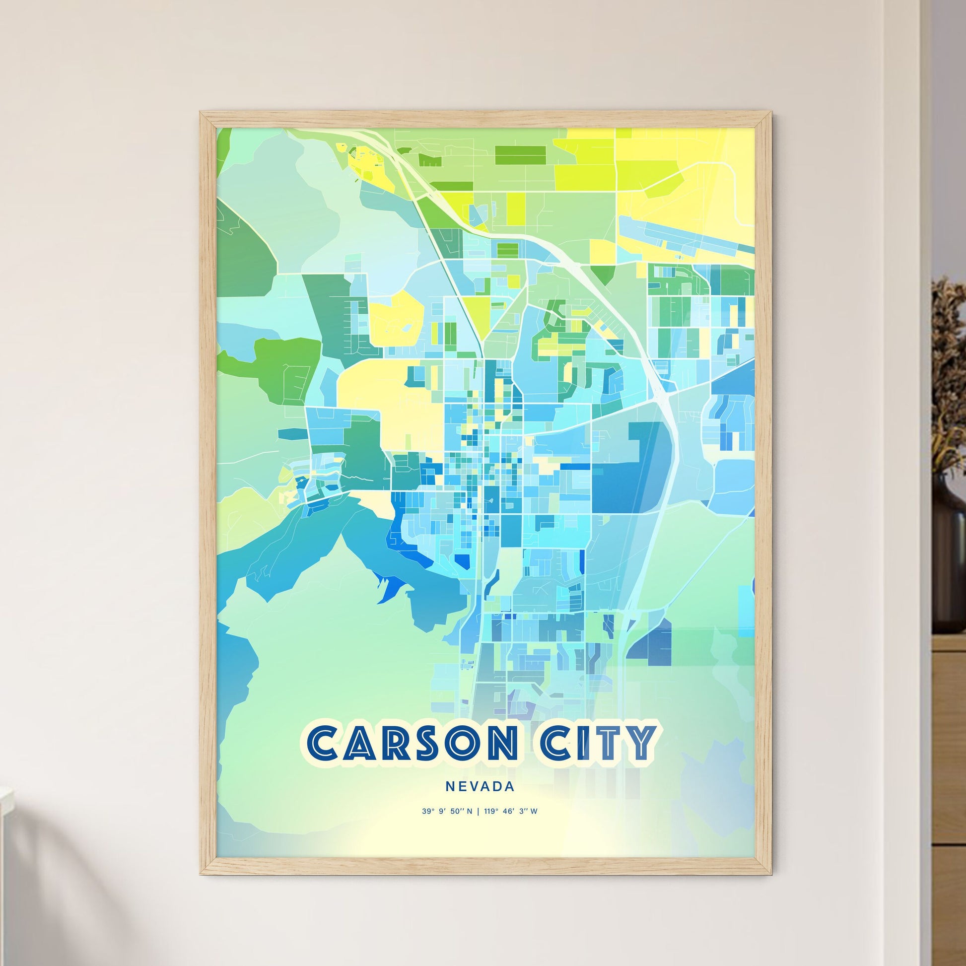 Colorful CARSON CITY NEVADA Fine Art Map Cool Blue