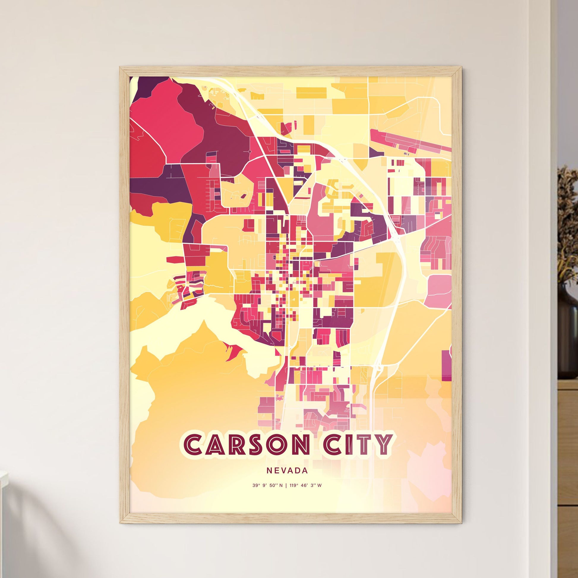 Colorful CARSON CITY NEVADA Fine Art Map Hot Red