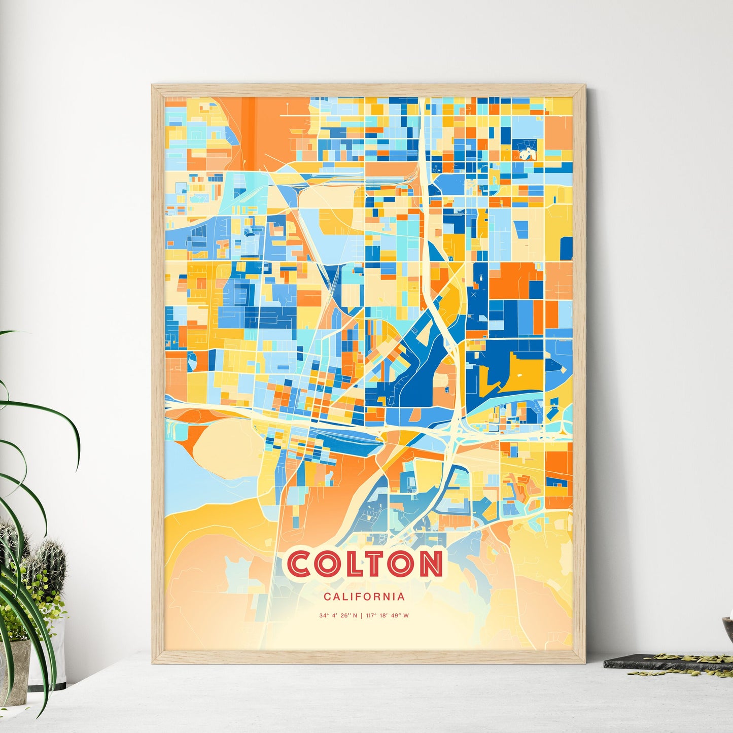 Colorful COLTON CALIFORNIA Fine Art Map Blue Orange