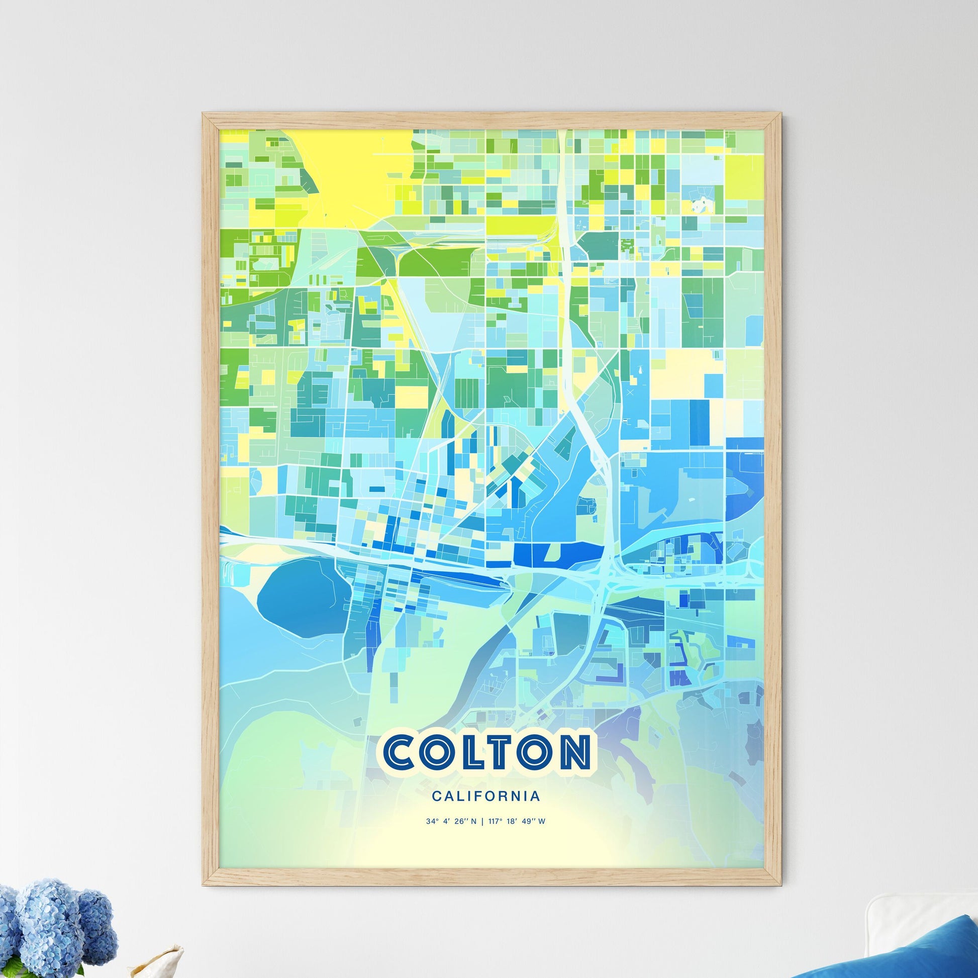 Colorful COLTON CALIFORNIA Fine Art Map Cool Blue