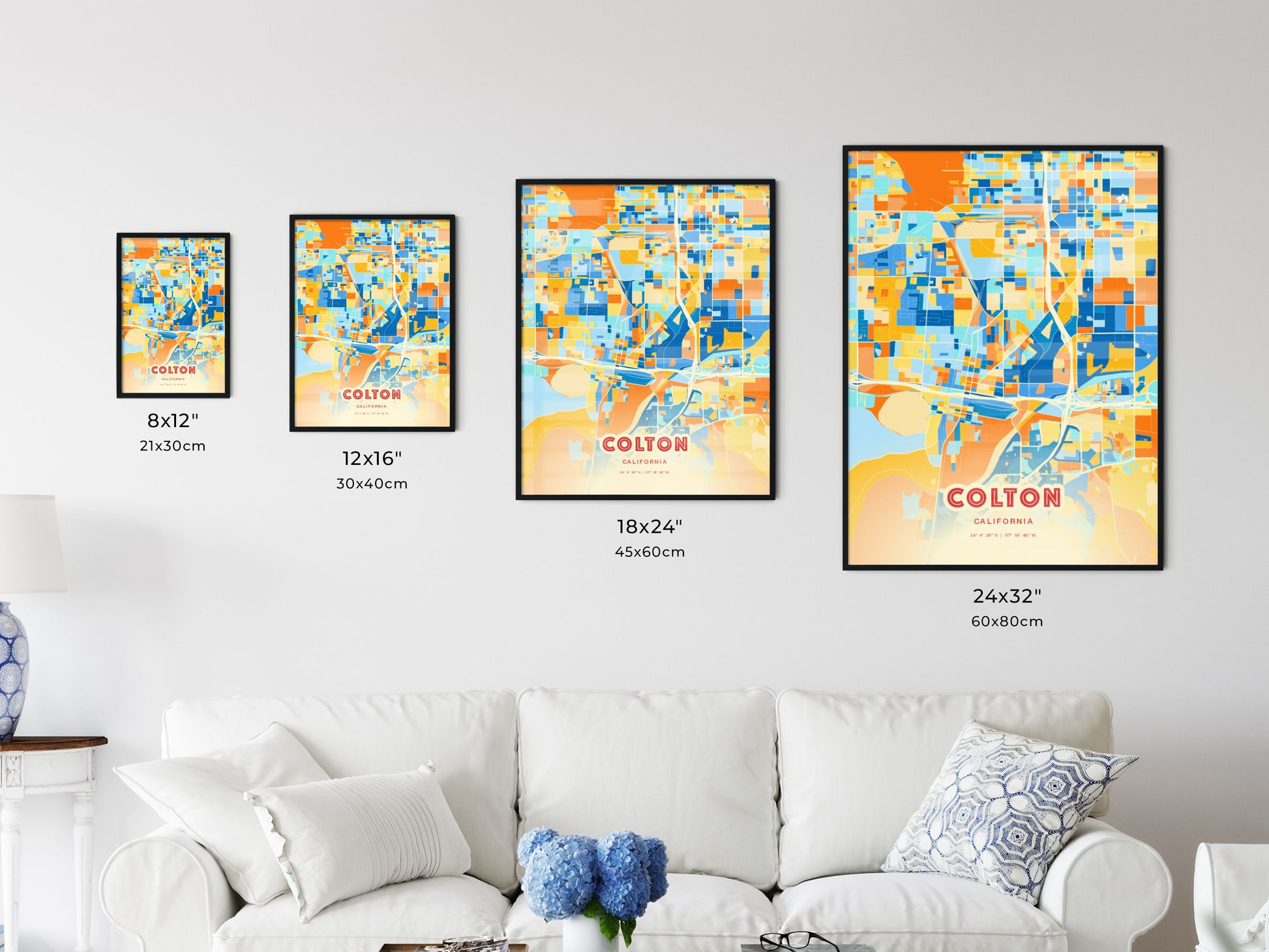 Colorful COLTON CALIFORNIA Fine Art Map Blue Orange