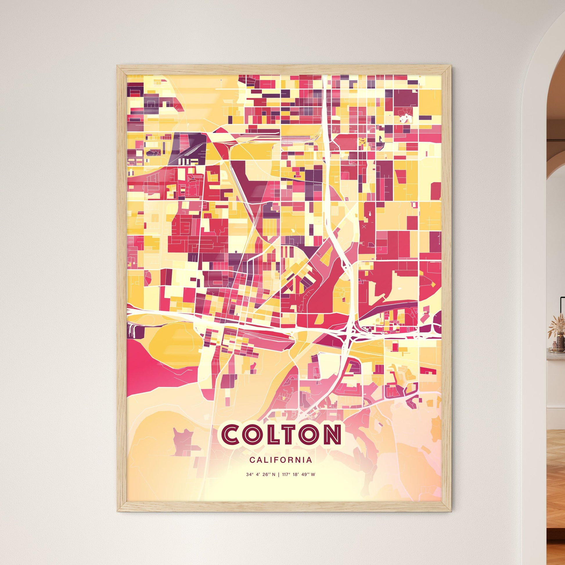 Colorful COLTON CALIFORNIA Fine Art Map Hot Red