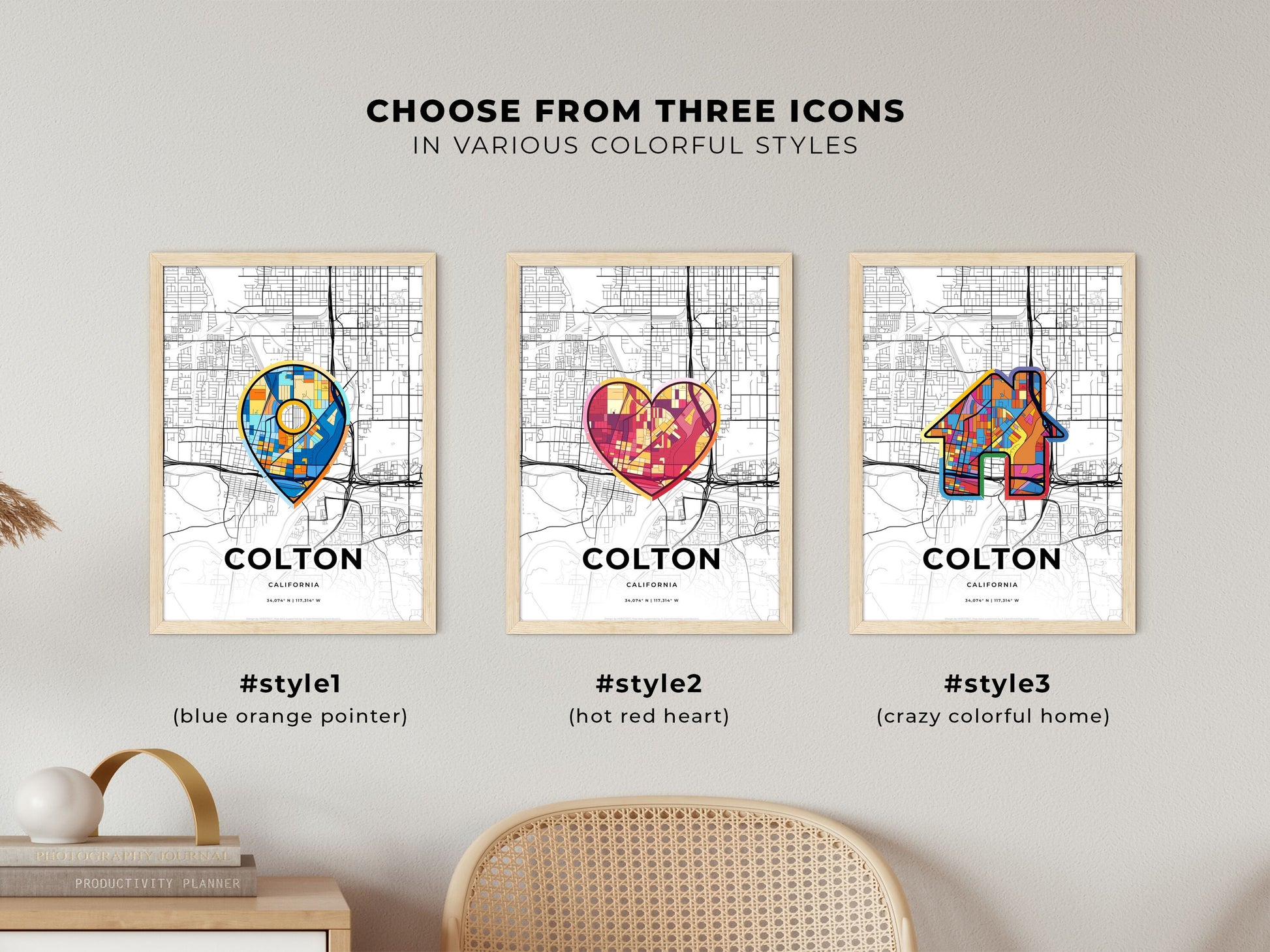 Colton California maps with colorful icons