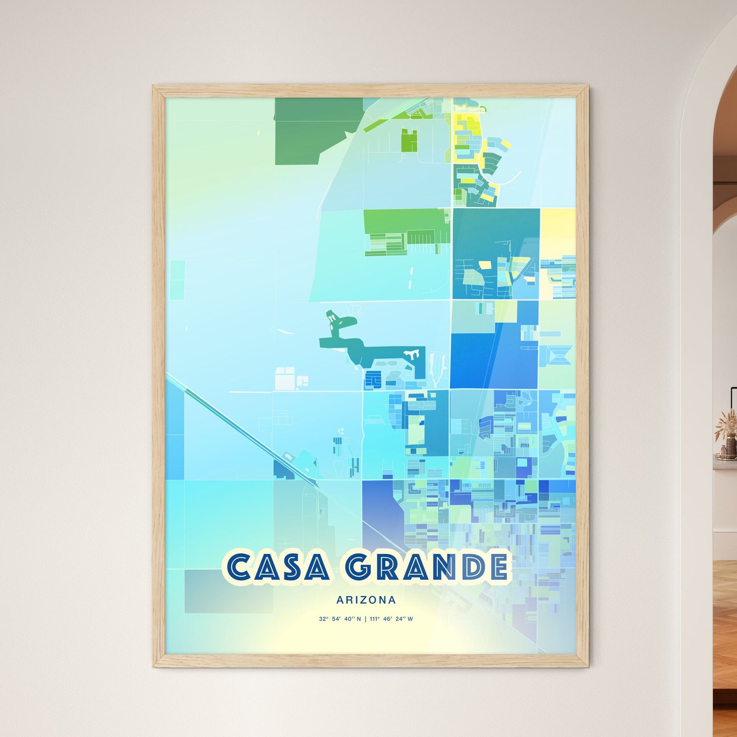 Colorful CASA GRANDE ARIZONA Fine Art Map Cool Blue