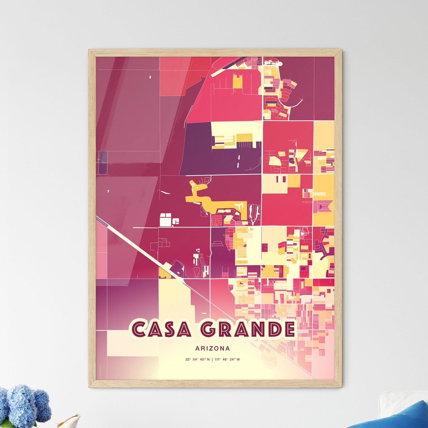 Colorful CASA GRANDE ARIZONA Fine Art Map Hot Red