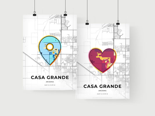 CASA GRANDE ARIZONA minimal art map with a colorful icon. Where it all began, Couple map gift.