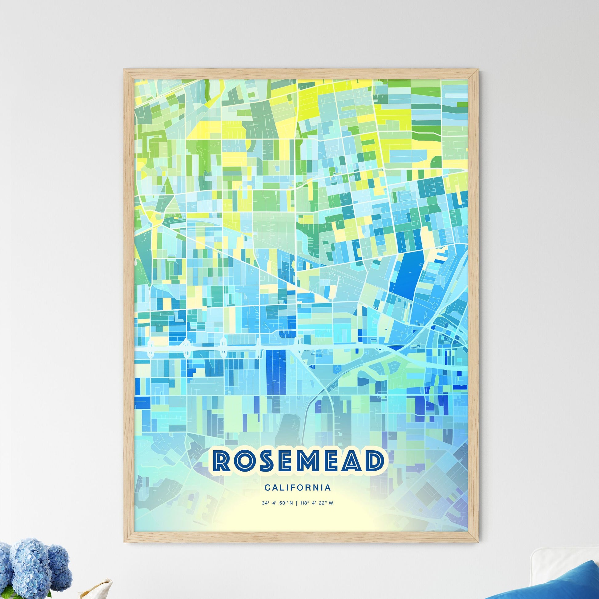 Colorful ROSEMEAD CALIFORNIA Fine Art Map Cool Blue