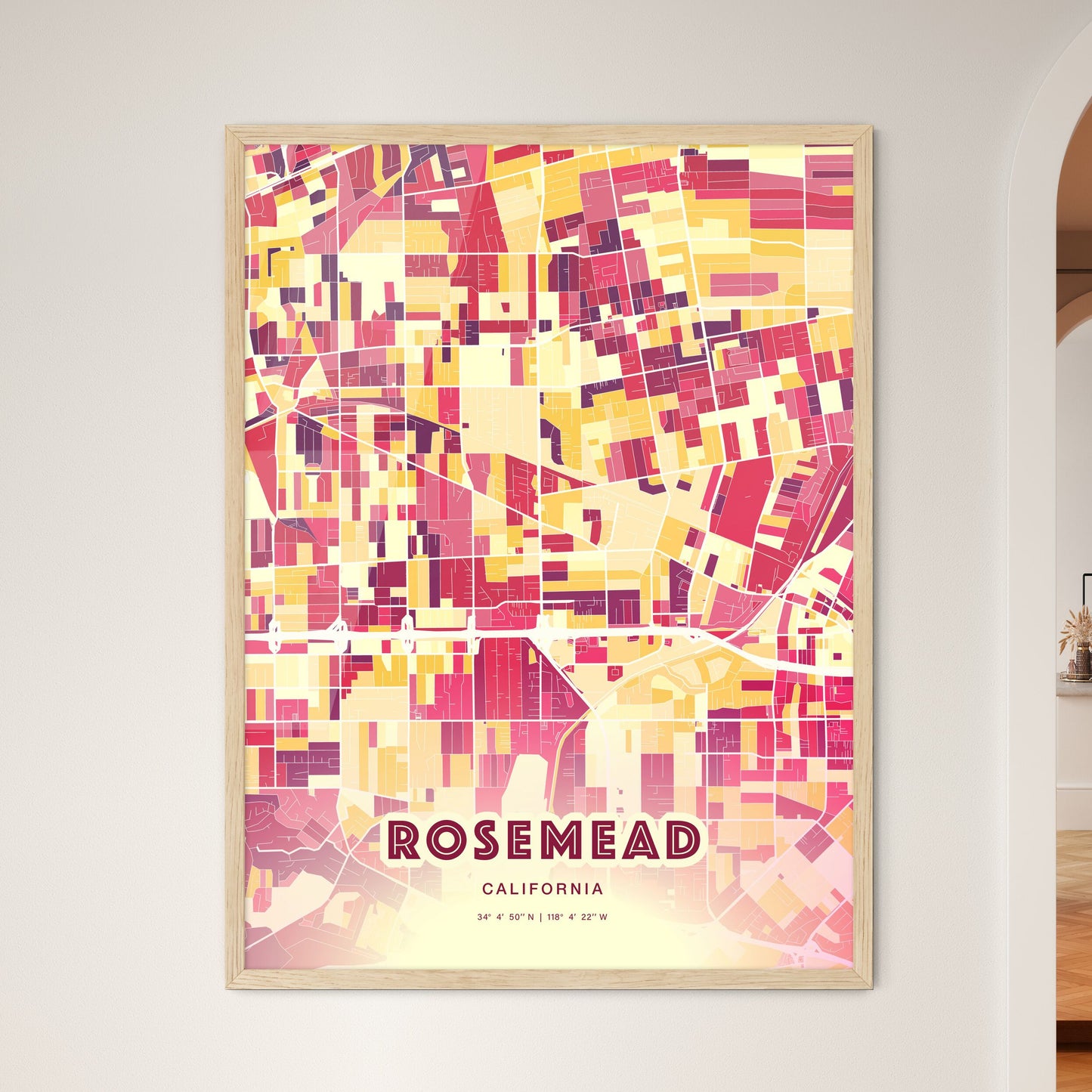 Colorful ROSEMEAD CALIFORNIA Fine Art Map Hot Red