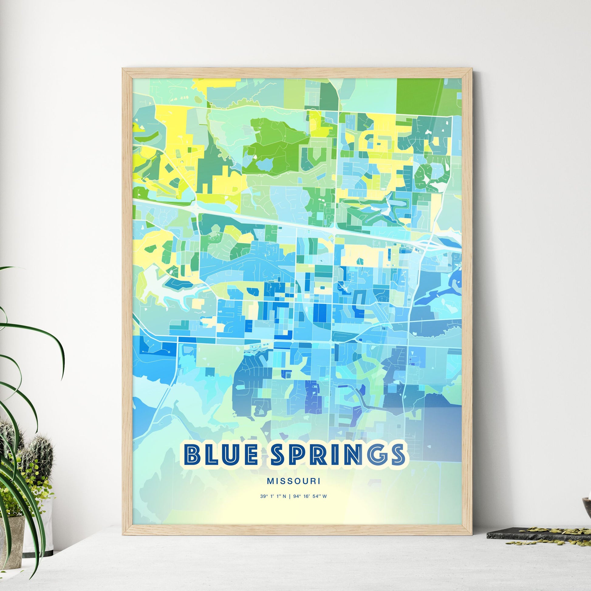 Colorful BLUE SPRINGS MISSOURI Fine Art Map Cool Blue