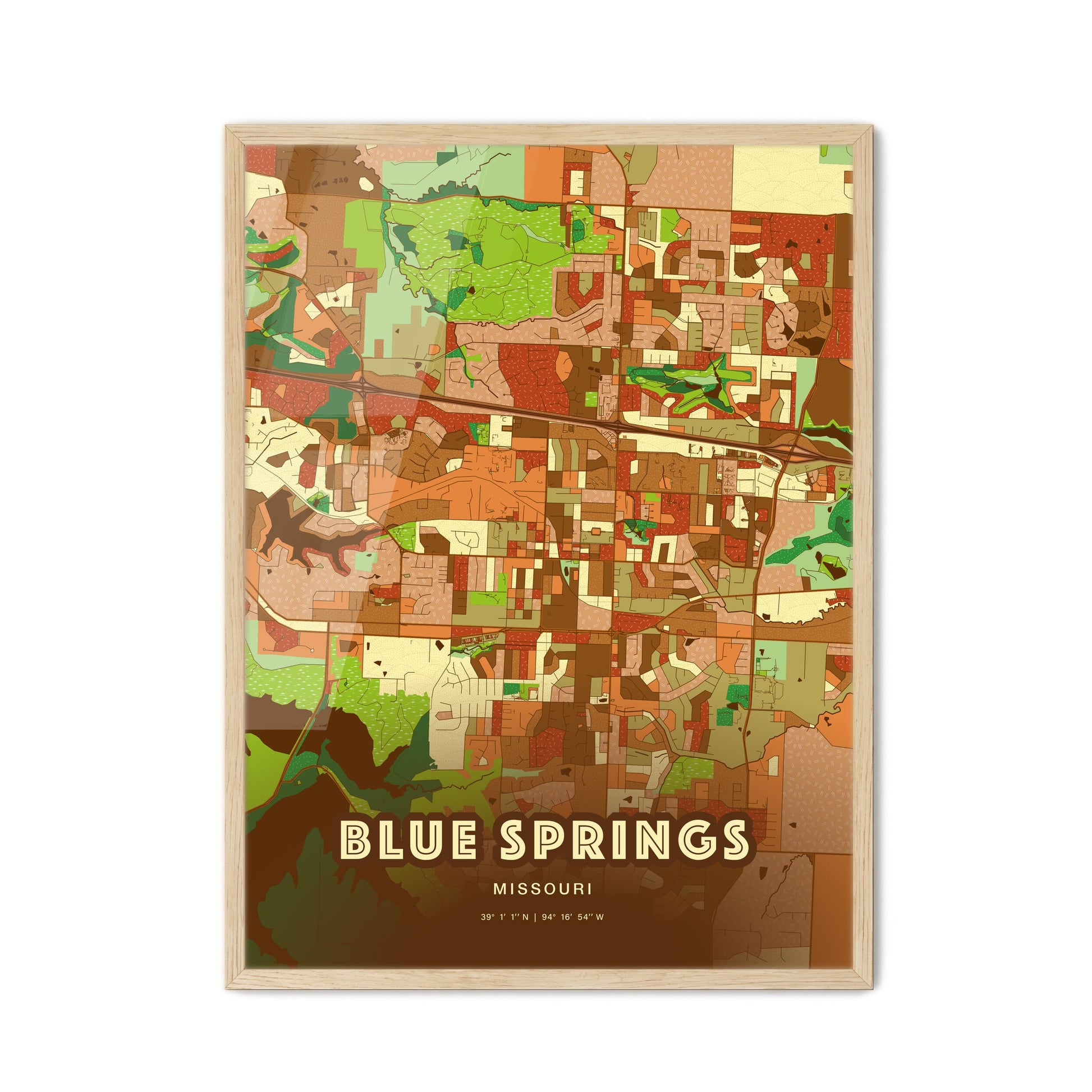 Colorful BLUE SPRINGS MISSOURI Fine Art Map Farmhouse